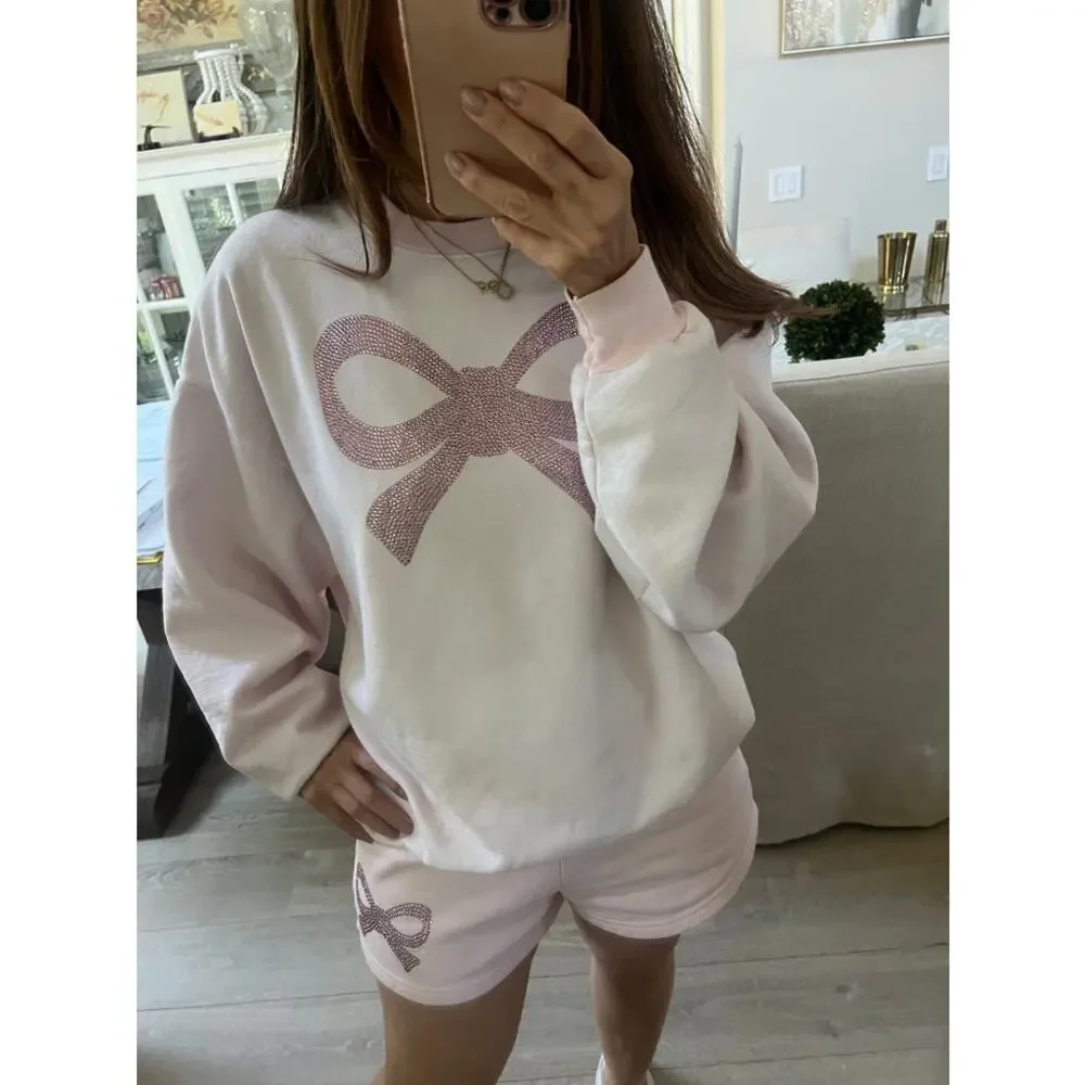 Yvette Mandell LoveShackFancy Pink Rhinestone Bow Oversized‎ Sweatshirt Medium